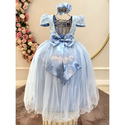 Vestido Infantil Longo Azul C/ Renda Daminhas Festa Luxo