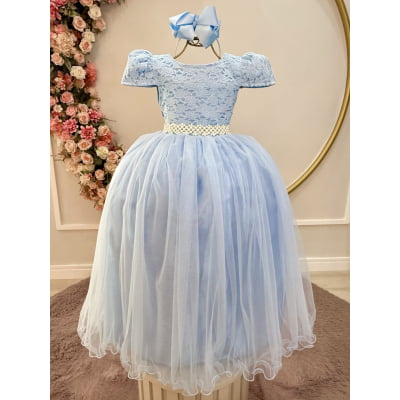 Vestido Infantil Longo Azul C/ Renda Daminhas Festa Luxo