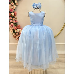 Vestido Infantil Longo Azul Bebê Claro Daminhas Festas Luxo