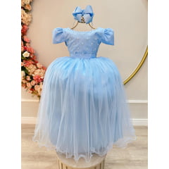 Vestido Infantil Longo Azul Com Strass e Pérolas Daminhas