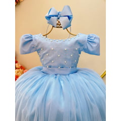 Vestido Infantil Longo Azul Com Strass e Pérolas Daminhas