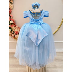 Vestido Infantil Longo Azul Com Strass e Pérolas Daminhas