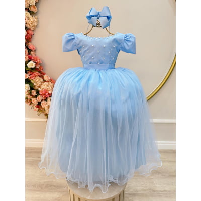 Vestido Infantil Longo Azul Com Strass e Pérolas Daminhas