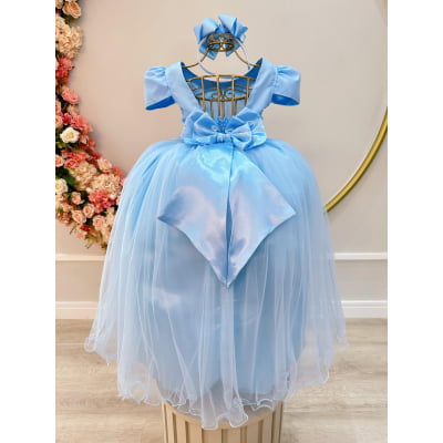 Vestido Infantil Longo Azul Com Strass e Pérolas Daminhas