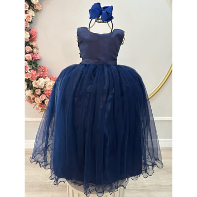 Vestido Infantil Longo Azul Marinho Daminhas Festas Luxo