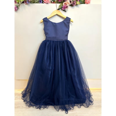 Vestido Infantil Longo Azul Marinho Daminhas Festas Luxo
