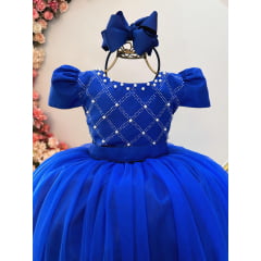 Vestido Infantil Longo Azul Royal C/ Strass e Pérolas Damas