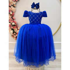 Vestido Infantil Longo Azul Royal C/ Strass e Pérolas Damas