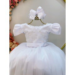 Vestido Infantil Longo Branco C/ Strass e Pérolas Daminhas