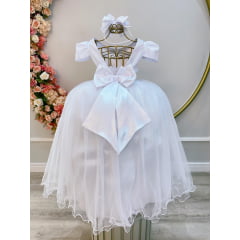 Vestido Infantil Longo Branco C/ Strass e Pérolas Daminhas