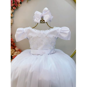 Vestido Infantil Longo Branco C/ Strass e Pérolas Daminhas