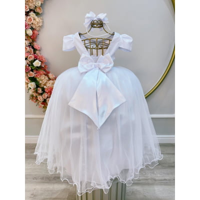 Vestido Infantil Longo Branco C/ Strass e Pérolas Daminhas