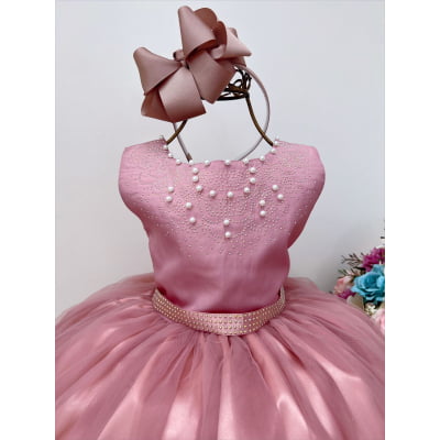 Vestido Infantil Longo Damas de Honra Rose C/ Pérolas