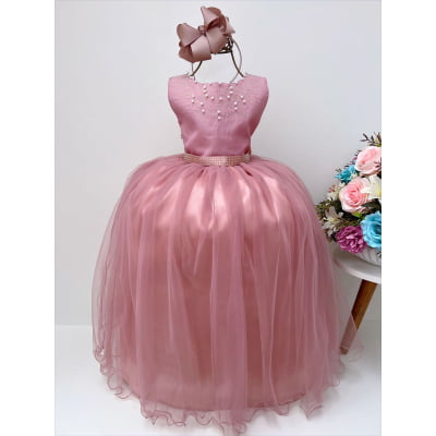 Vestido Infantil Longo Damas de Honra Rose C/ Pérolas Vestido Infantil Longo Damas de Honra Rose C/ Pérolas