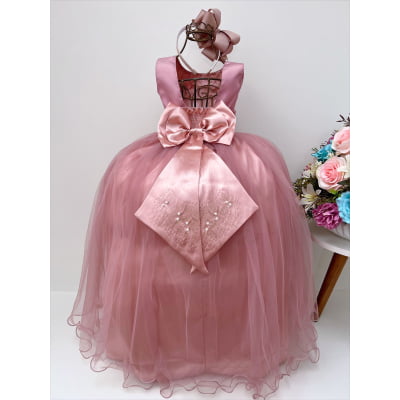 Vestido Infantil Longo Damas de Honra Rose C/ Pérolas