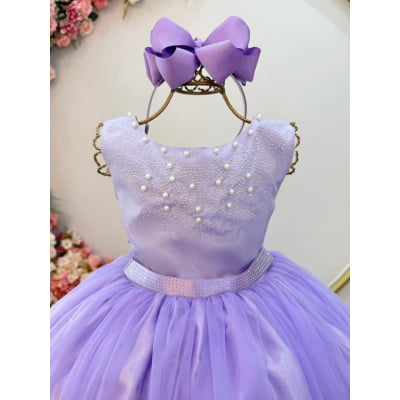 Vestido Infantil Longo Lilás Pérolas e Strass Damas Luxo