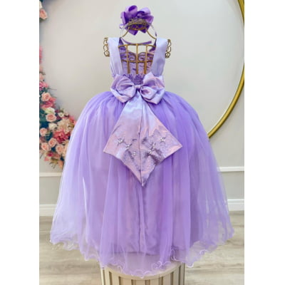 Vestido Infantil Longo Lilás Pérolas e Strass Damas Luxo
