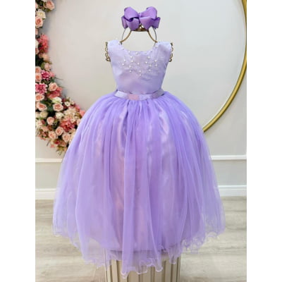 Vestido Infantil Longo Lilás Pérolas e Strass Damas Luxo