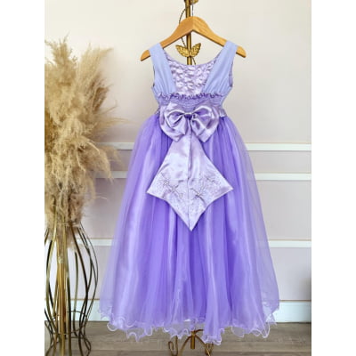 Vestido Infantil Longo Lilás Pérolas e Strass Damas Luxo