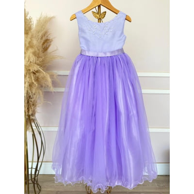 Vestido Infantil Longo Lilás Pérolas e Strass Damas Luxo
