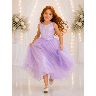 Vestido Infantil Longo Lilás Pérolas e Strass Damas Luxo