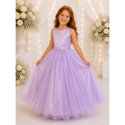 Vestido Infantil Longo Lilás Pérolas e Strass Damas Luxo
