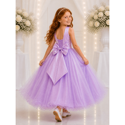Vestido Infantil Longo Lilás Pérolas e Strass Damas Luxo