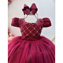 Vestido Infantil Longo Marsala Com Strass e Pérolas Daminhas