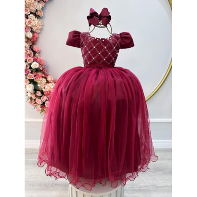 Vestido Infantil Longo Marsala Com Strass e Pérolas Daminhas