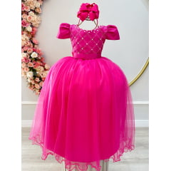 Vestido Infantil Longo Pink Com Strass e Pérolas Daminhas