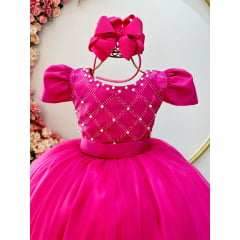 Vestido Infantil Longo Pink Com Strass e Pérolas Daminhas