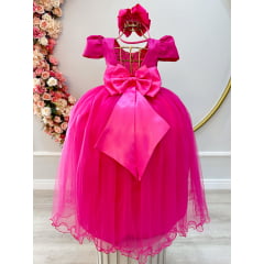 Vestido Infantil Longo Pink Com Strass e Pérolas Daminhas