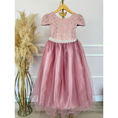 Vestido Infantil Longo Realeza Rose Renda Pérolas Festa Luxo
