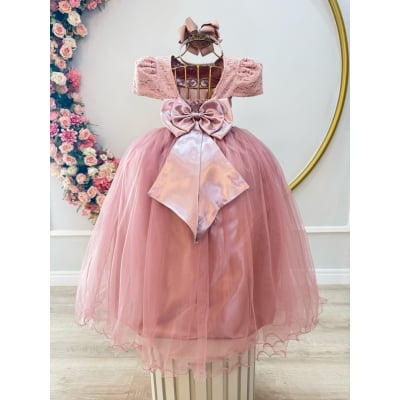 Vestido Infantil Longo Realeza Rose Renda Pérolas Festa Luxo