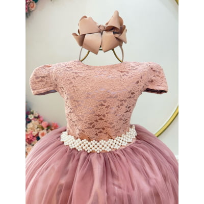 Vestido Infantil Longo Realeza Rose Renda Pérolas Festa Luxo