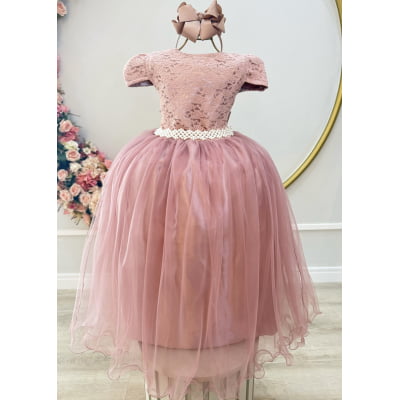 Vestido Infantil Longo Realeza Rose Renda Pérolas Festa Luxo