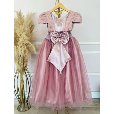 Vestido Infantil Longo Realeza Rose Renda Pérolas Festa Luxo