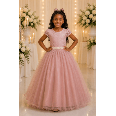 Vestido Infantil Longo Realeza Rose Renda Pérolas Festa Luxo