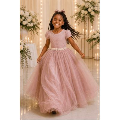 Vestido Infantil Longo Realeza Rose Renda Pérolas Festa Luxo