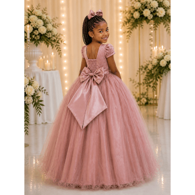 Vestido Infantil Longo Realeza Rose Renda Pérolas Festa Luxo