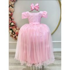 Vestido Infantil Longo Rosa Com Strass e Pérolas Daminhas