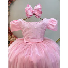 Vestido Infantil Longo Rosa Com Strass e Pérolas Daminhas