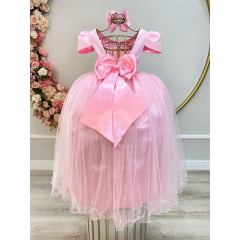 Vestido Infantil Longo Rosa Com Strass e Pérolas Daminhas