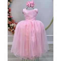 Vestido Infantil Longo Rosa Daminhas Festas Luxo