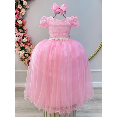 Vestido Infantil Longo Rosa Tule C/ Renda Casamento Festas