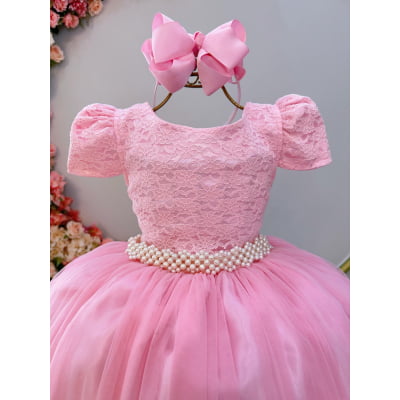 Vestido Infantil Longo Rosa Tule C/ Renda Casamento Festas