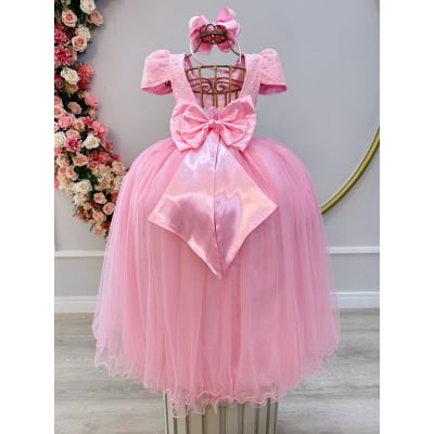 Vestido Infantil Longo Rosa Tule C/ Renda Casamento Festas