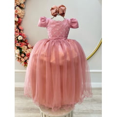 Vestido Infantil Longo Rose Com Strass e Pérolas Daminhas