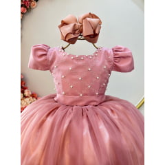 Vestido Infantil Longo Rose Com Strass e Pérolas Daminhas