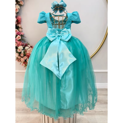 Vestido Infantil Longo Verde Com Pérolas e Strass Daminhas